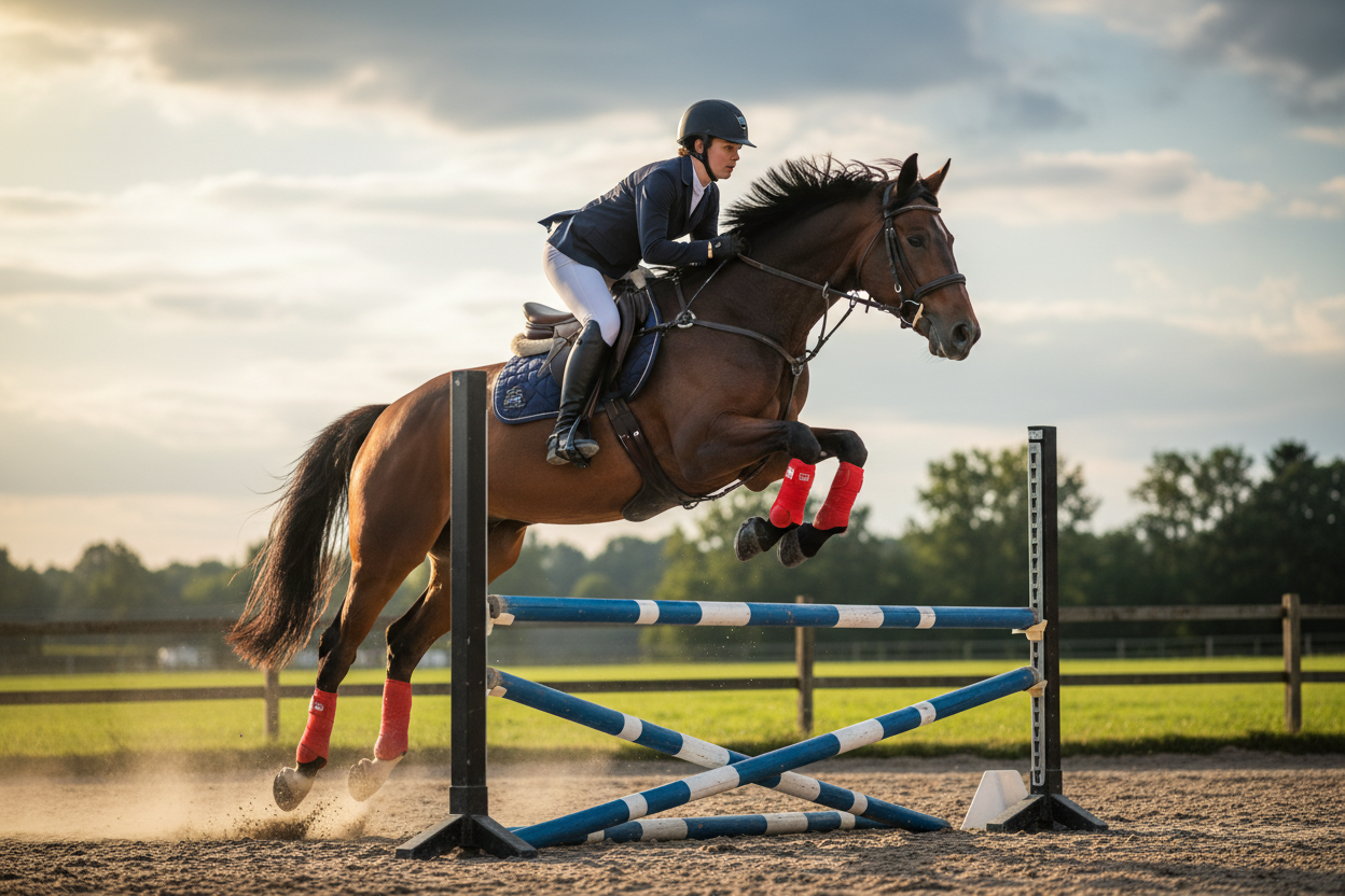 Caballo saltando con protectores